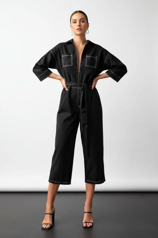 Women’s V-Neck Jumpsuit with Belt – Cropped Wide-Leg Pants