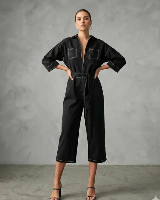 Women’s V-Neck Jumpsuit with Belt – Cropped Wide-Leg Pants