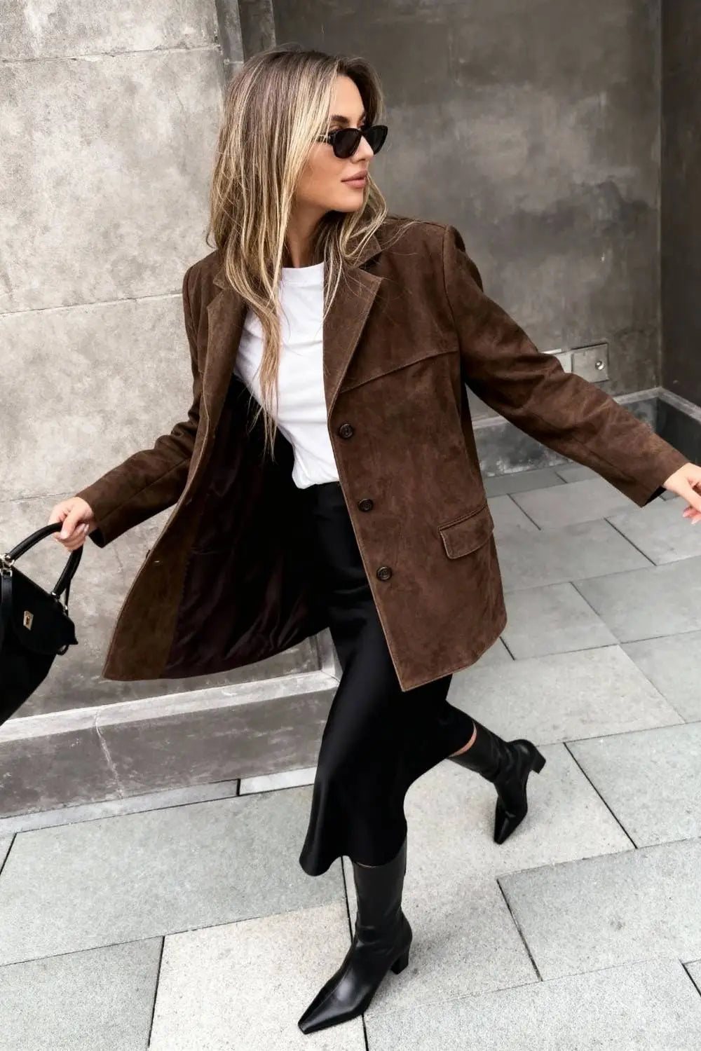 Button-Up Suede Jacket with Lapel Collar