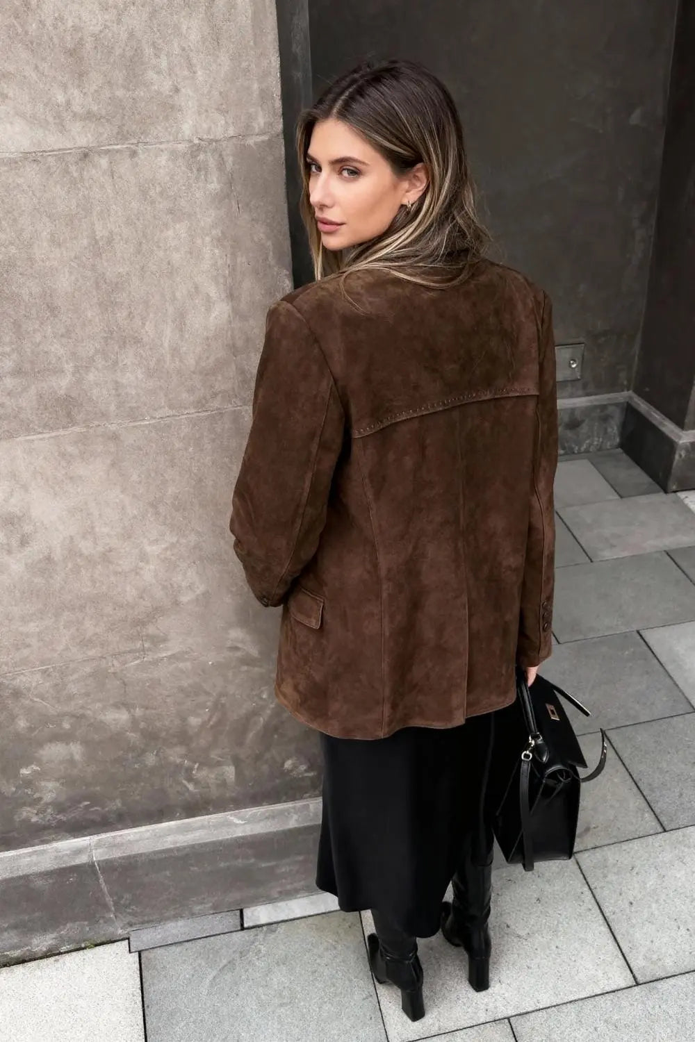 Button-Up Suede Jacket with Lapel Collar