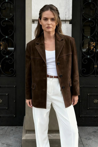 Button-Up Suede Jacket with Lapel Collar