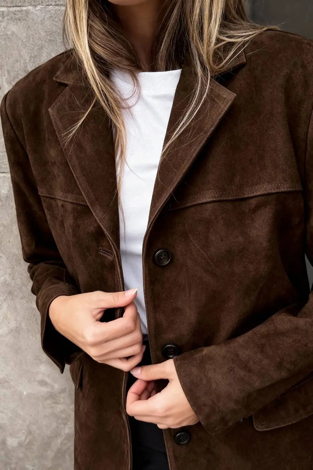 Button-Up Suede Jacket with Lapel Collar
