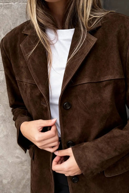 Button-Up Suede Jacket with Lapel Collar