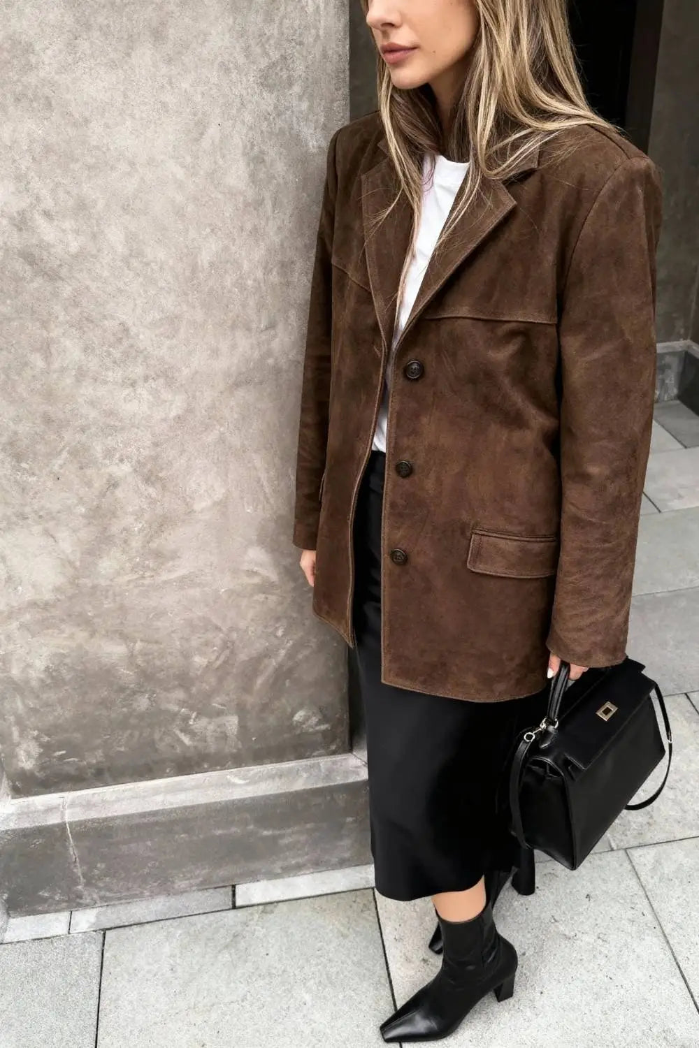 Button-Up Suede Jacket with Lapel Collar