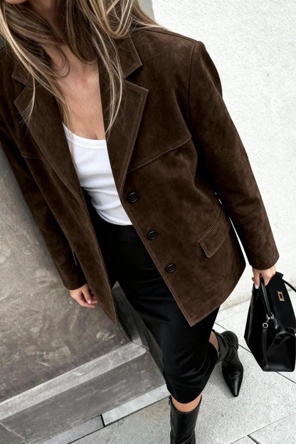 Button-Up Suede Jacket with Lapel Collar
