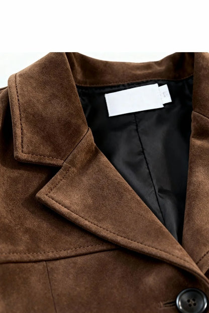 Button-Up Suede Jacket with Lapel Collar