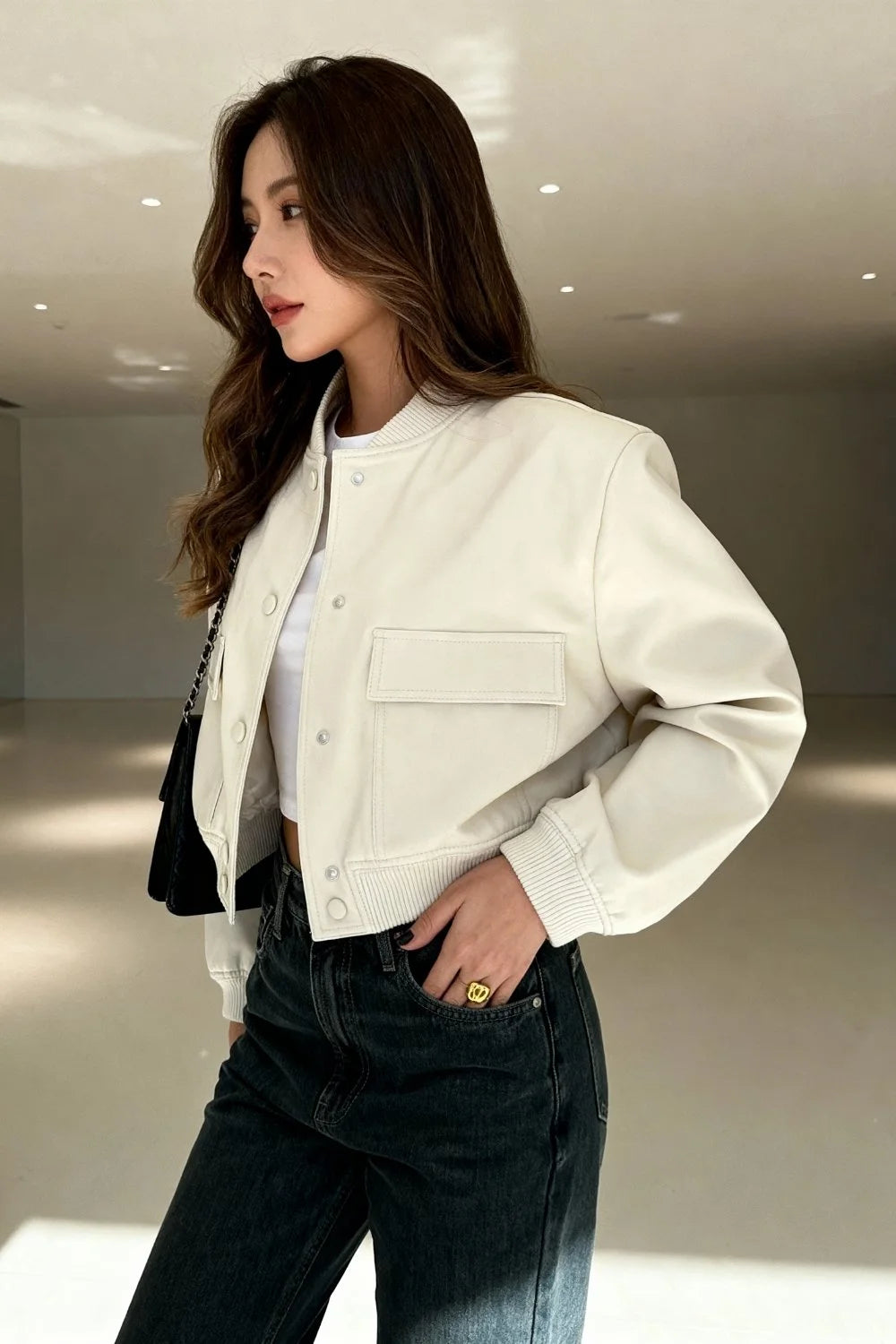 Cropped Bomber Snap Down Jacket