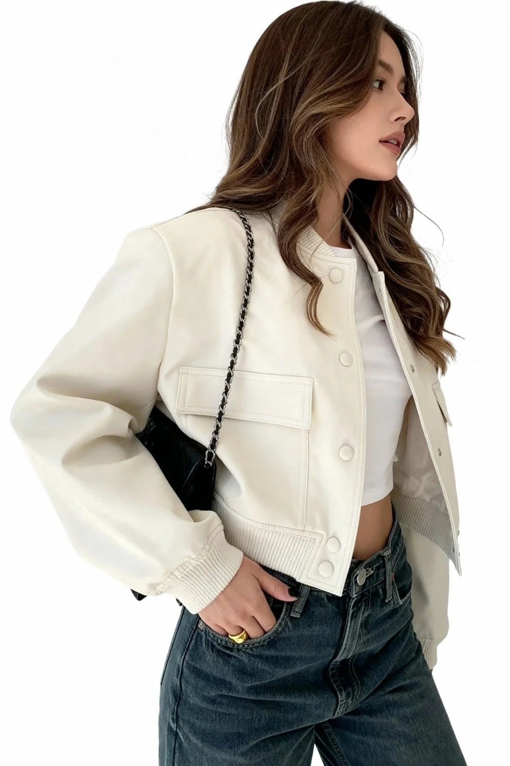 Cropped Bomber Snap Down Jacket