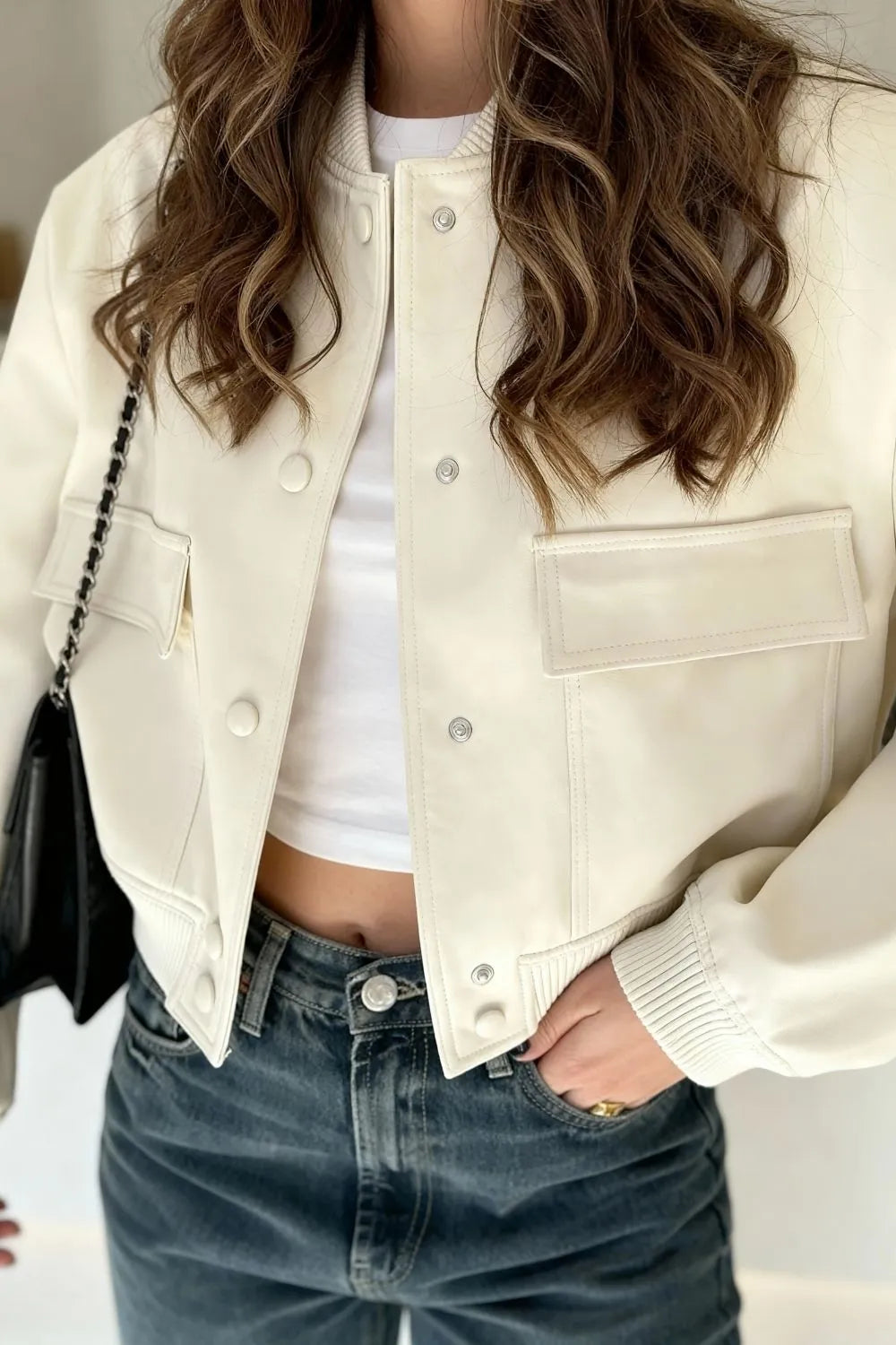 Cropped Bomber Snap Down Jacket