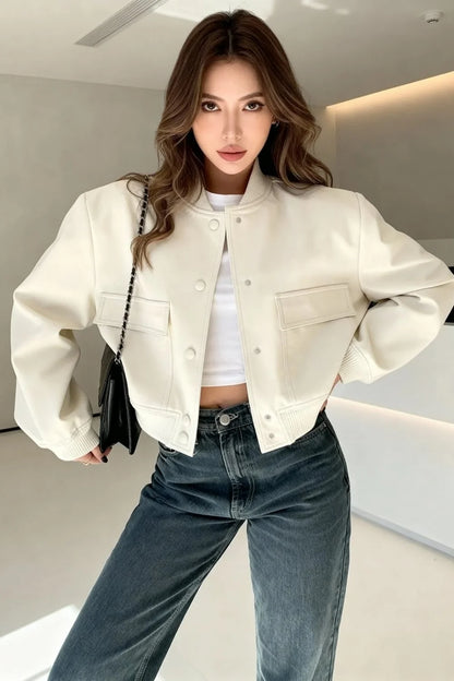 Cropped Bomber Snap Down Jacket