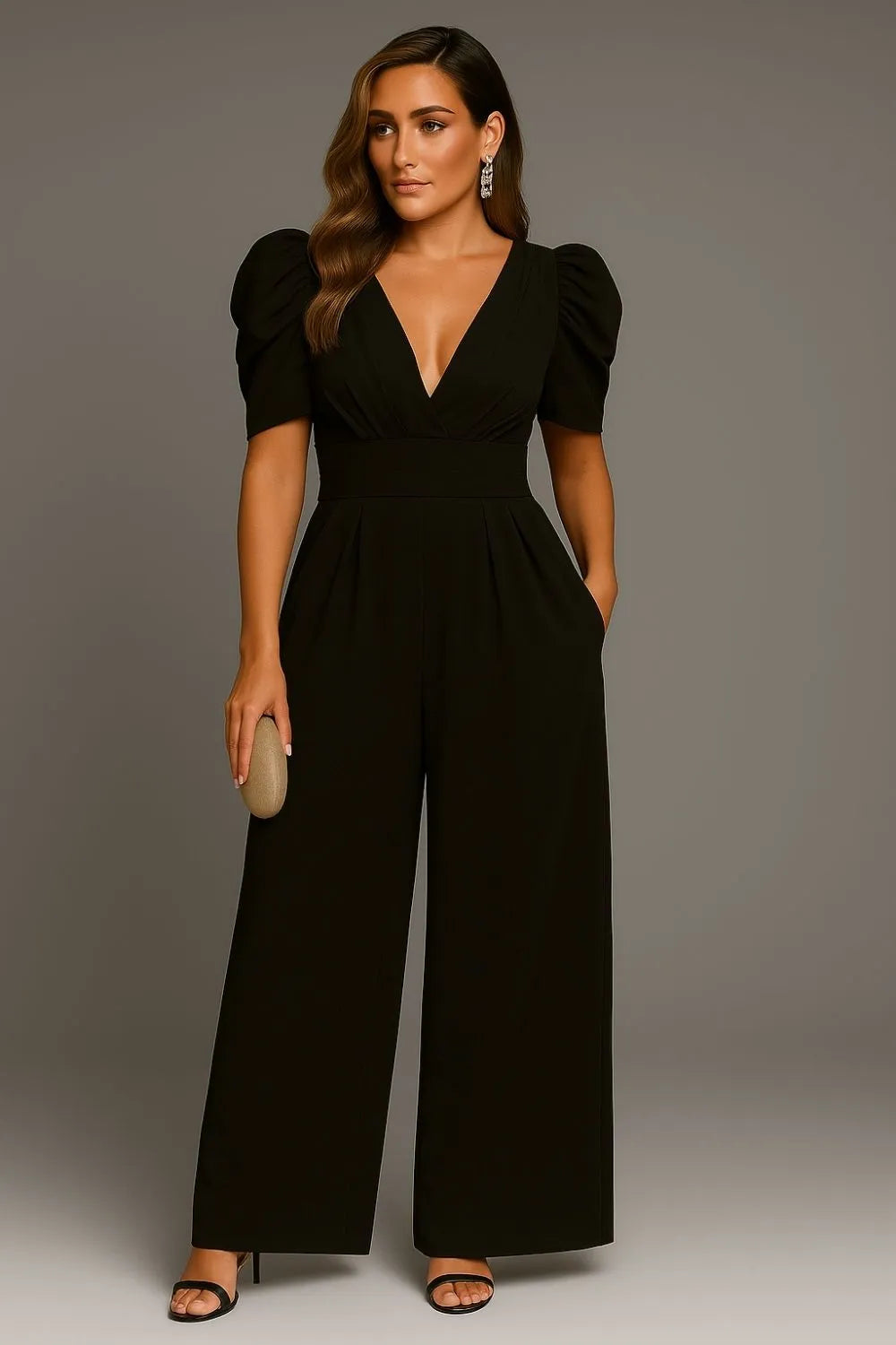 Olivia V-Neck Puff Sleeve Jumpsuit