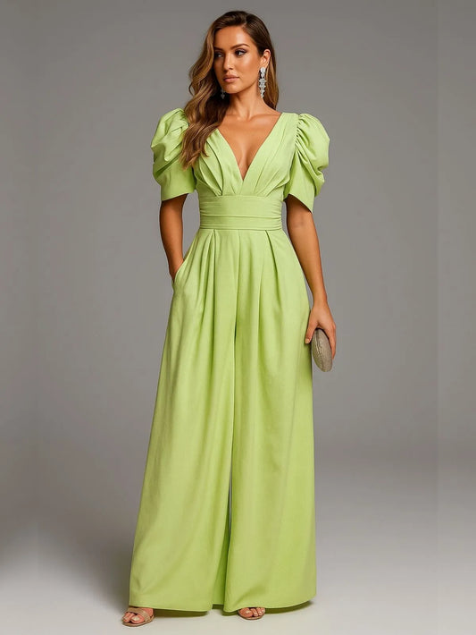 Olivia V-Neck Puff Sleeve Jumpsuit