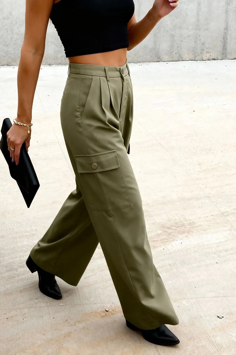 Ruched Wide Leg Pants with Pockets