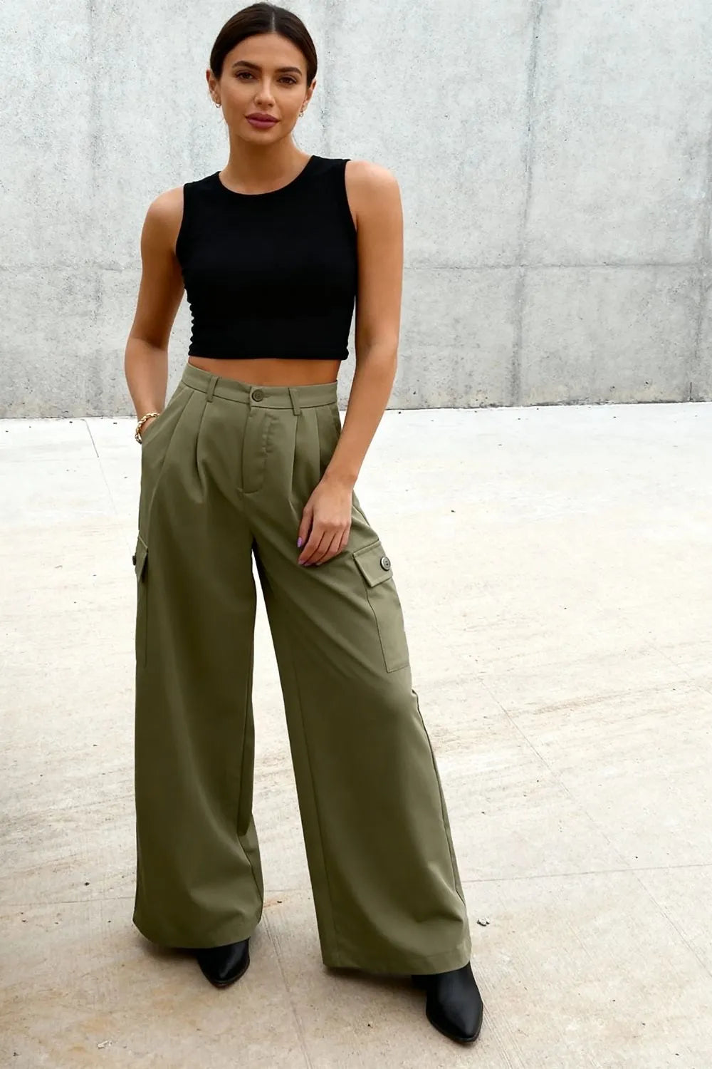 Ruched Wide Leg Pants with Pockets
