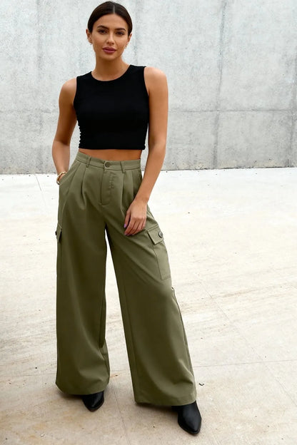 Ruched Wide Leg Pants with Pockets