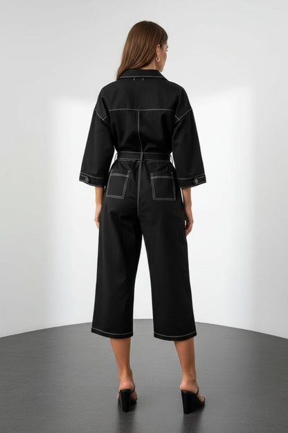 Women’s V-Neck Jumpsuit with Belt – Cropped Wide-Leg Pants