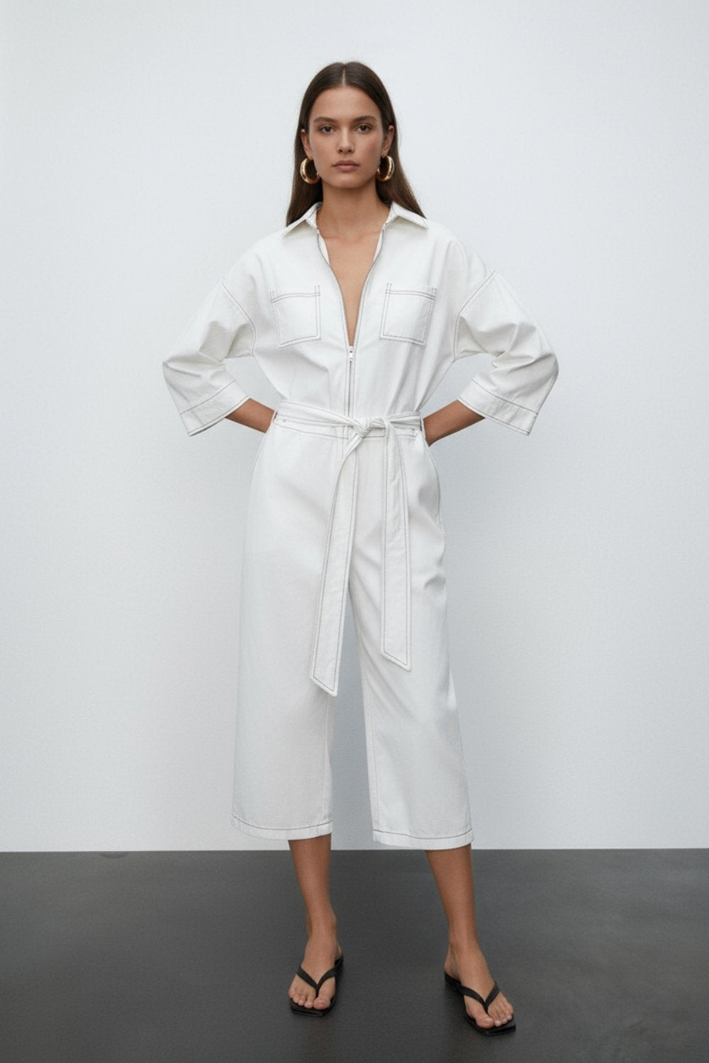 Women’s V-Neck Jumpsuit with Belt – Cropped Wide-Leg Pants