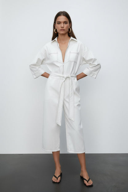 Women’s V-Neck Jumpsuit with Belt – Cropped Wide-Leg Pants