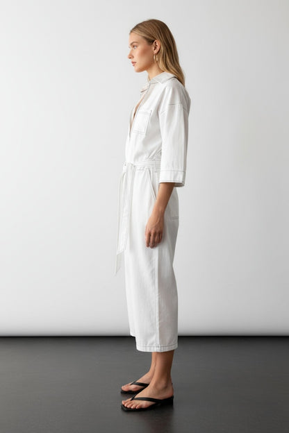 Women’s V-Neck Jumpsuit with Belt – Cropped Wide-Leg Pants