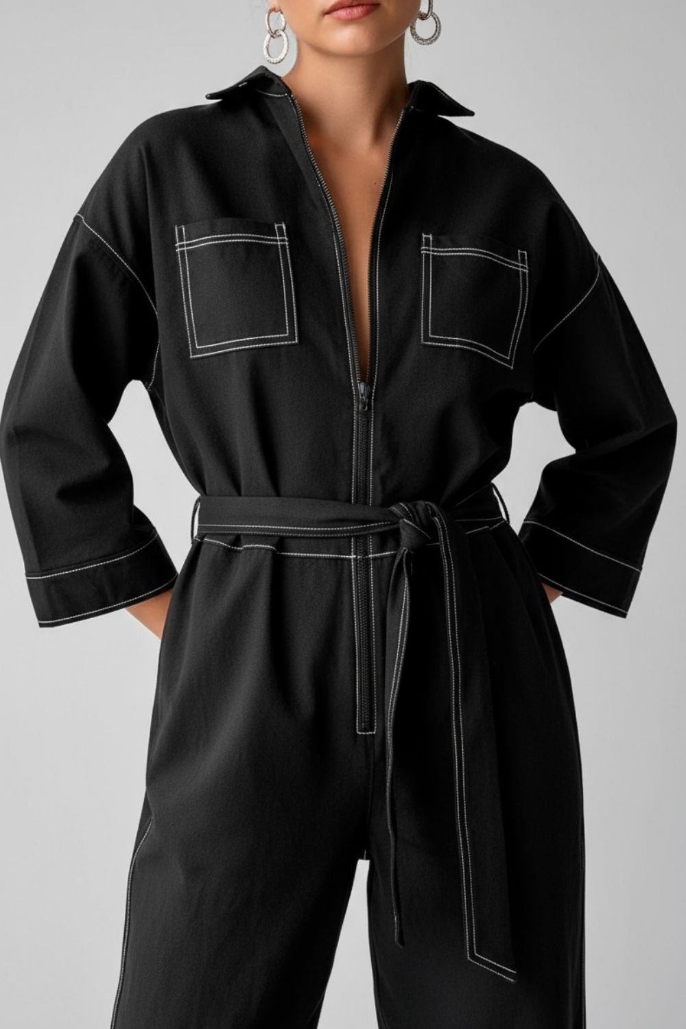 Women’s V-Neck Jumpsuit with Belt – Cropped Wide-Leg Pants