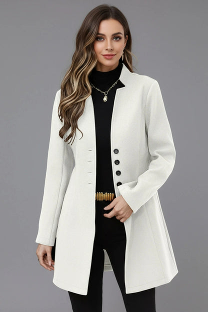 Women's Elegant Wool Blend Long Coat with Button Closure and Stand Collar